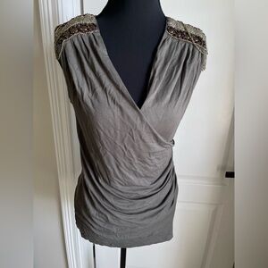 Vintage Wilster Green Sleeveless Wrap Blouse Ruched Beaded Shoulder Size Small